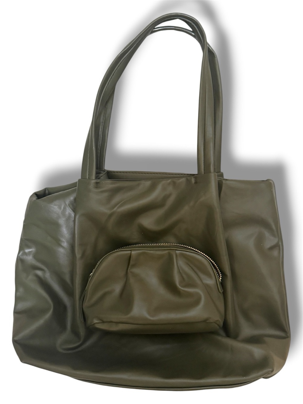 NEIMAN MARCUS OLIVE GREEN FAUX LEATHER TOTE SHOULDER BAG & POUCH